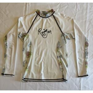 Ron Jon Surf Shop Sun Top Long Sleeve Rash Guard Wht Floral Tattoo Pattern Sz M